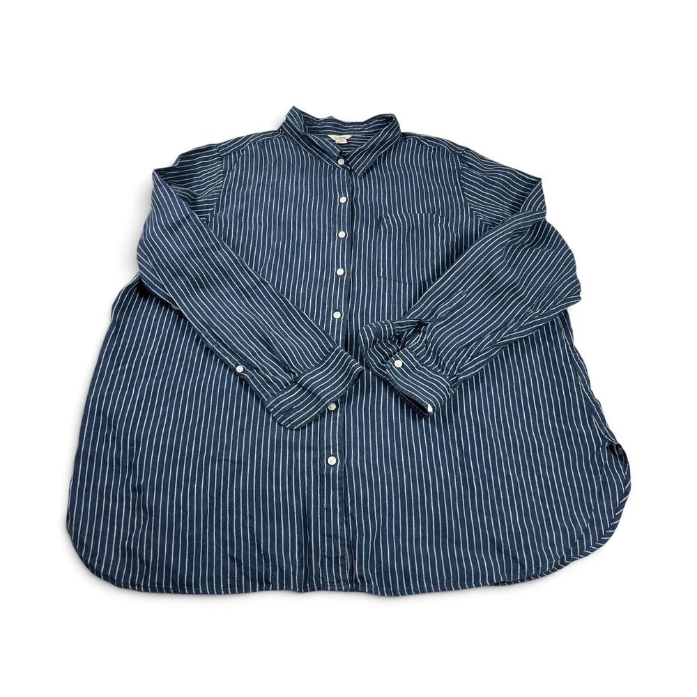LL Bean Womens Linen Long Sleeve Button Down Shirt Striped Breathable Top 2X